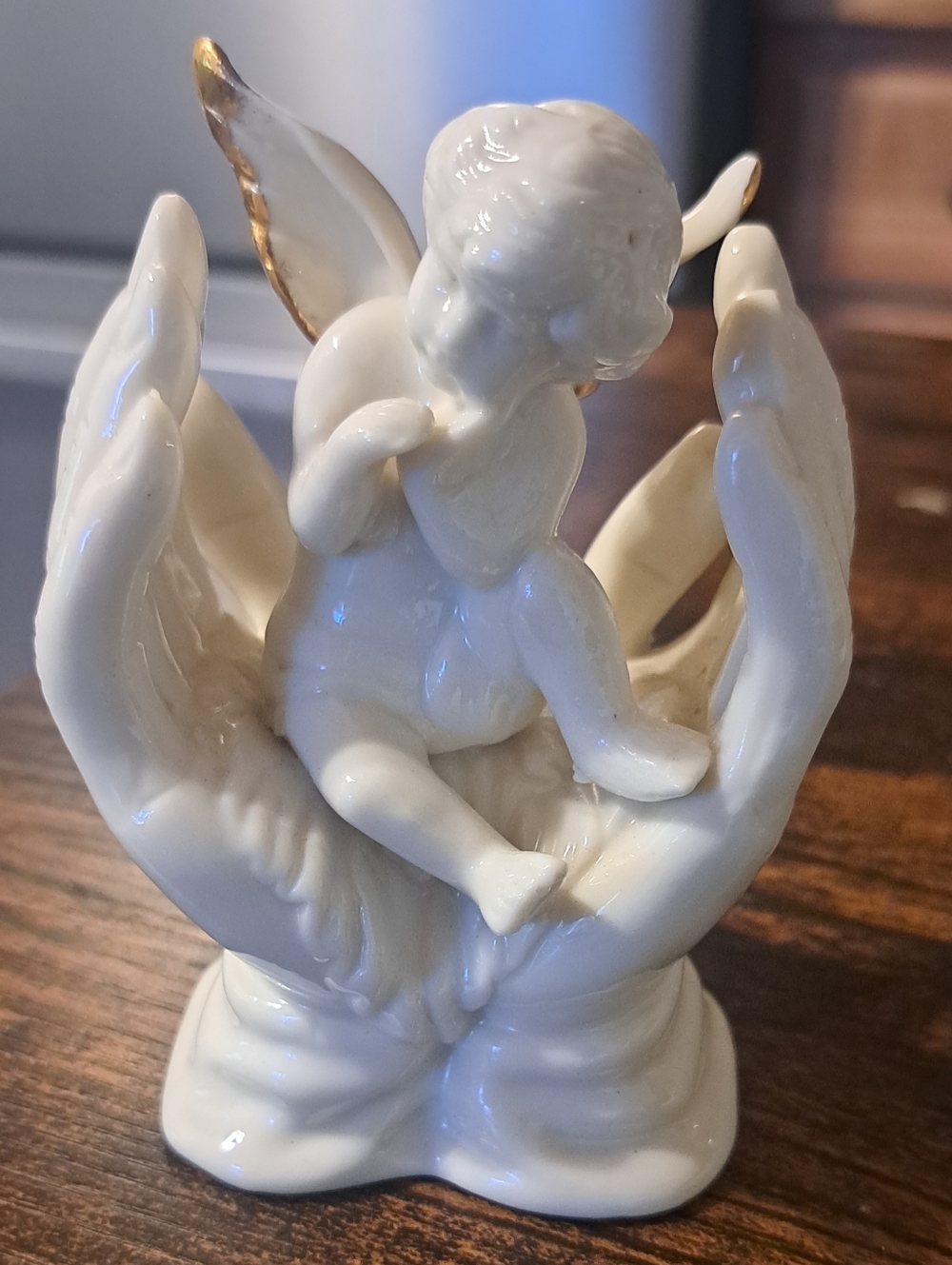 Beautiful RARE Porcelain "Angel On Jesus’s Hands" Gold Trim Angel Figurine